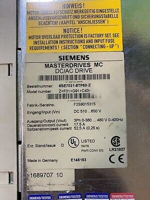 Siemens 6SE7021-8TP50-Z   Z=F01+G91+C43. Masterdrive.  (UK/EU Read)