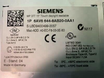Siemens 6AV6 644-8AB20-0AA1.  MP377 15″  HMI, Operator Panel. (UK/EU Read)