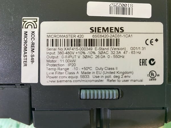 Siemens 6SE6420-2AD31-1CA1. Siemens Micromaster 420. 11.0kW. (UK / EU Read)