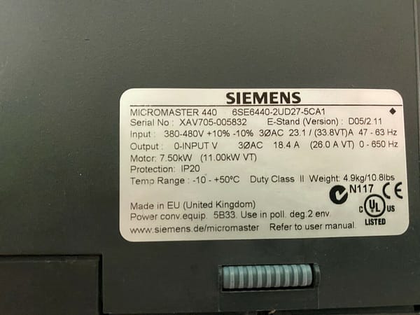 Siemens 6SE6440-2UD27-5CA1. Siemens Micromaster 440. 7.50kW. (UK / EU Read)