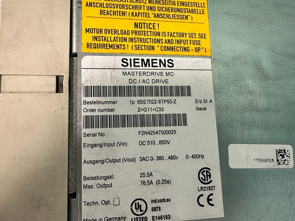 Siemens 6SE7022-6TP50-Z   Z=G11/G91+C33. Masterdrive.  (UK/EU Read)