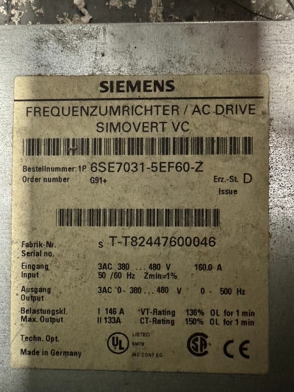 Siemens 6SE7031-5EF60-Z Z=G91. Simovert Masterdrives.(UK/EU Read)